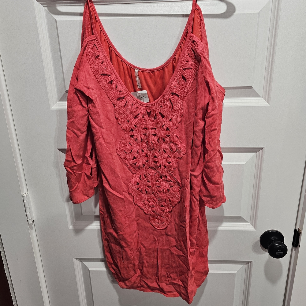 Apricot Lane Crochet-Front Cold Shoulder Top in Coral Red